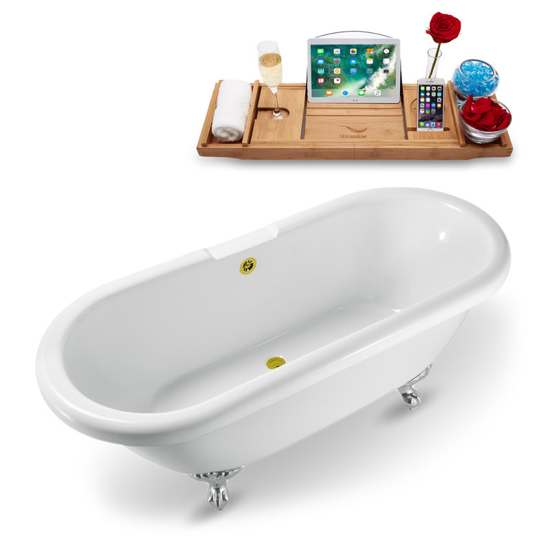 67" Streamline Clawfoot Soaking Acrylic Bathtub With Drain, Clawfeet, and Bamboo Tray, Polished Chrome, Polished Gold