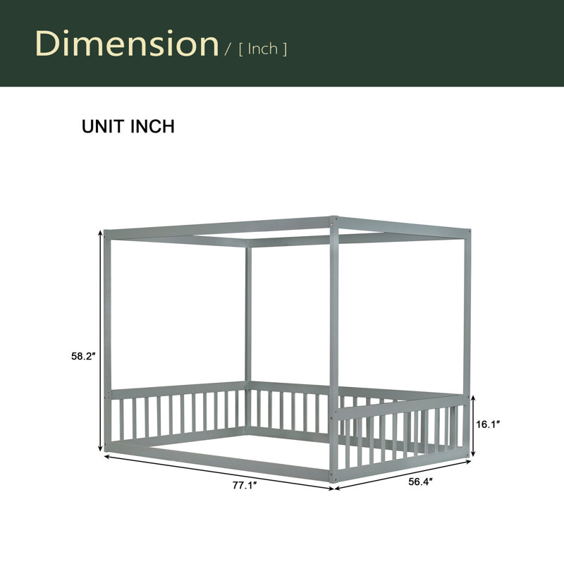 Full Size Canopy Frame Rubber Wood Floor Bed With Fence,Guardrails, Gray