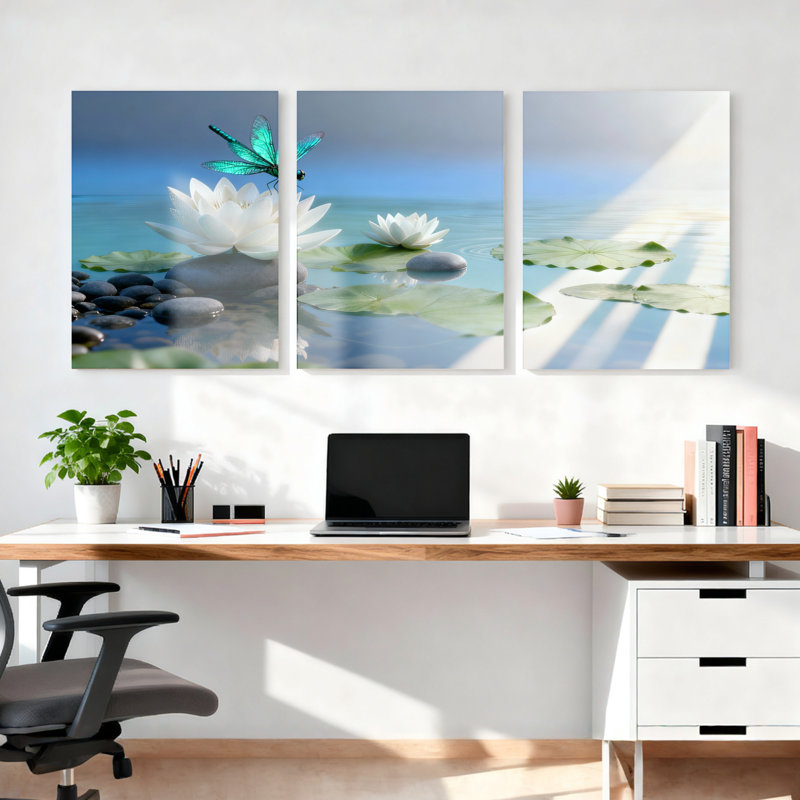 Ensemble de 3 tableaux muraux sur toile à motifs floraux de libellule et de nénuphar, pour salon, chambre et décoration intérieure.