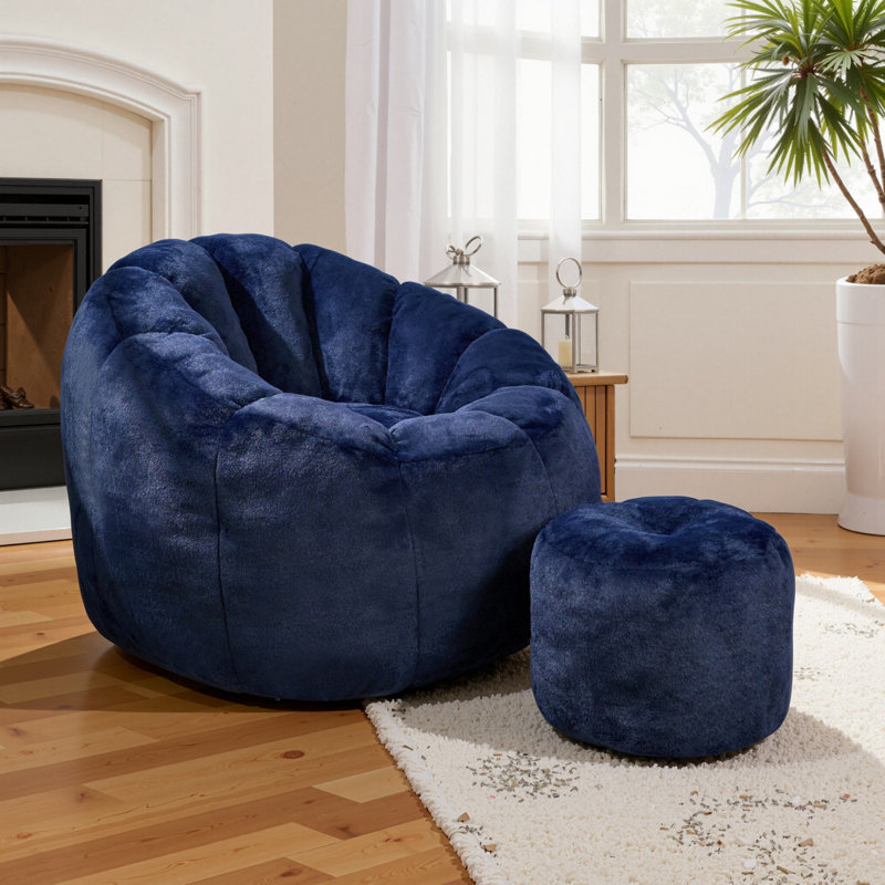 Compression 40"W Comfy Pumpkin Bean Bag Couch Sofa Chair,Modern Faux Fur Bean Bag Chair With Ottoman, Dark Blue Velvet