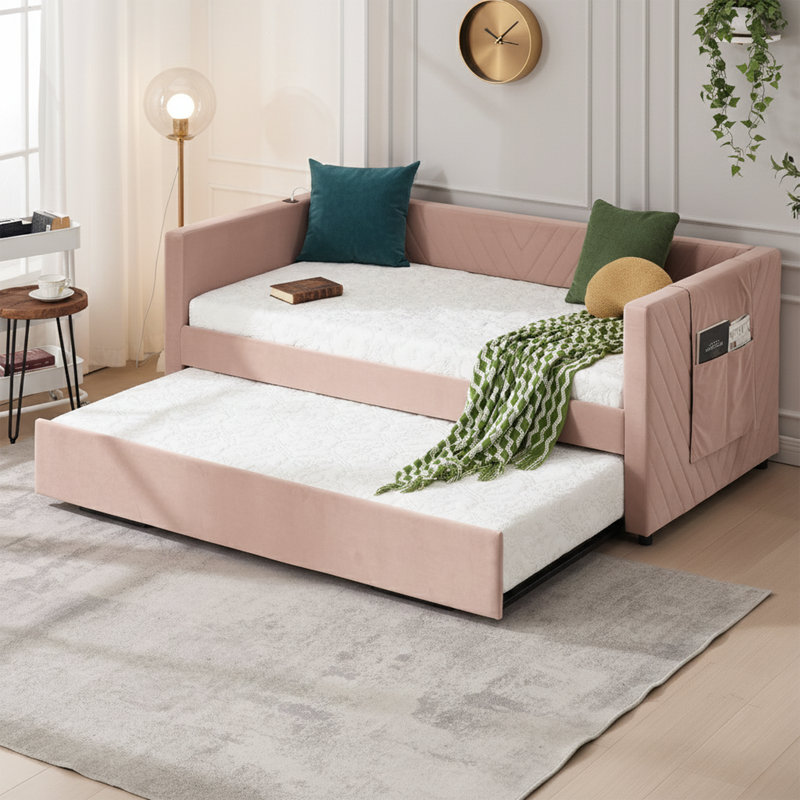   84" Wide Upholstered Daybed with Twin Trundle - V-Grained Velvet Sofa Bed with USB Charging and Storage Pockets, Pink