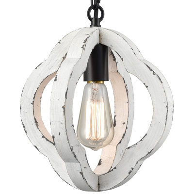 Farmhouse Wood Pendant Lights Kitchen Island, Vintage Wooden Pendant Lighting, Rustic 1-Light Lantern Hanging Chandelier Fixture, Adjustable Chain, 1 Pack, (Distressed White)