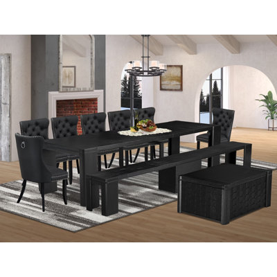 10-piece Xtenczar Dining Table Set a Rectangular Kitchen Table with a coffee Table and wooden Benches 7 Dark Grey Polyester Fabric Dinner Chair, Wire Brushed Black