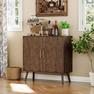 32" Sideboard Buffet with Solid Wood Legs, Adjustable Shelves, and Gold Handles – Brown