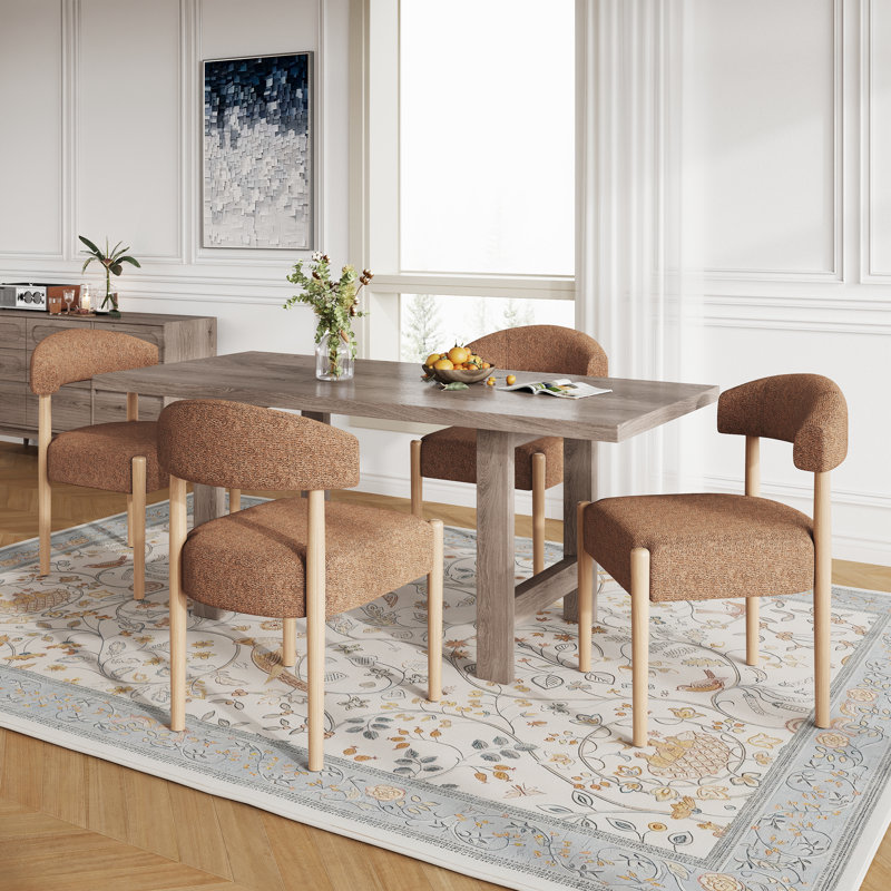 Upholstered Side Dining Chair (Set Of 4), Orange Polyester, Medium Wood