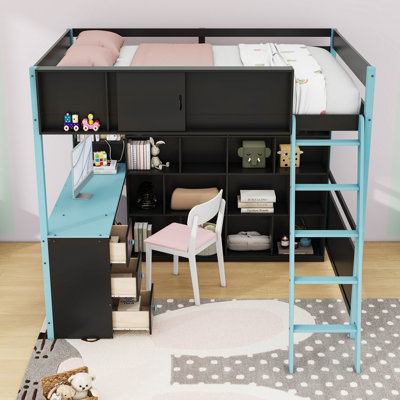 Full Wooden Loft Bed with Guardrail and Drawers and Storage
