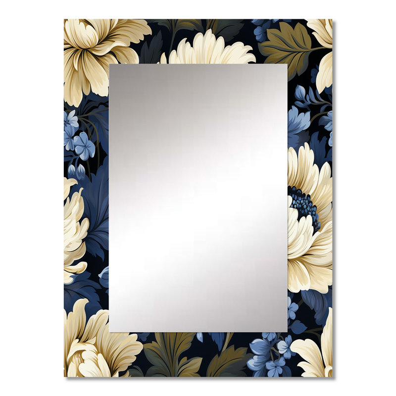 Subodh beige et bleu damassé fleur nostalgie - grand miroir mural damassé, miroir décoratif bohème, impression sur métal