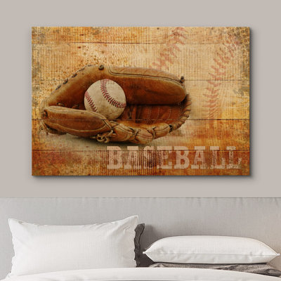 Rétro Baseball rétro et gant sur panneaux à effet de bois, photographie de sport, art moderne contemporain