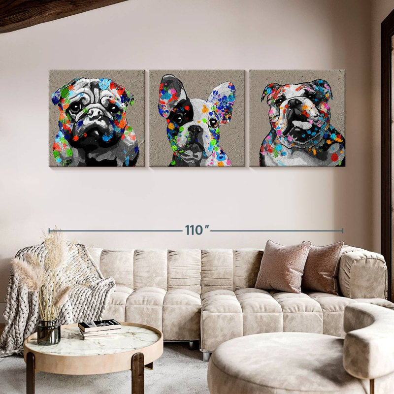 Bulldogs on Canvas, reproduction de 3 pièces, H 110 po x l 36 po x P 1,25 po