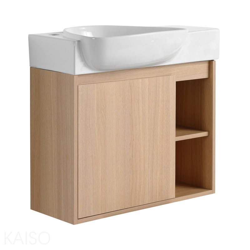 Meuble-lavabo mural 26 po avec lavabo en céramique et porte à fermeture en douceur, Chêne