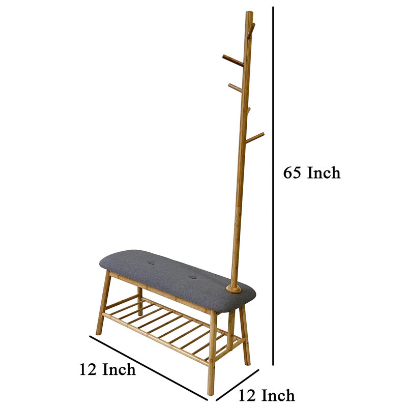 Gray Upholstered Hall Tree with Bamboo Frame and Storage Bench
