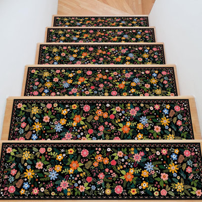 Floral Stair Treads For Wooden Steps, 15 Pack Black Stair Runners Non Slip Indoor 7.87" X 29.92", Washable Carpet Rugs With Silicone Backing For Kids Elders And Dogs