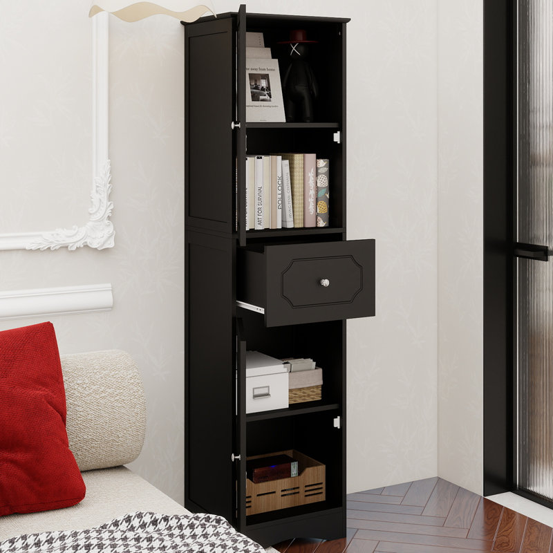 Grande armoire de salle de bain, armoire de rangement autoportante avec tiroir et portes, panneau de fibres à densité moyenne, porte en acrylique, tablette réglable