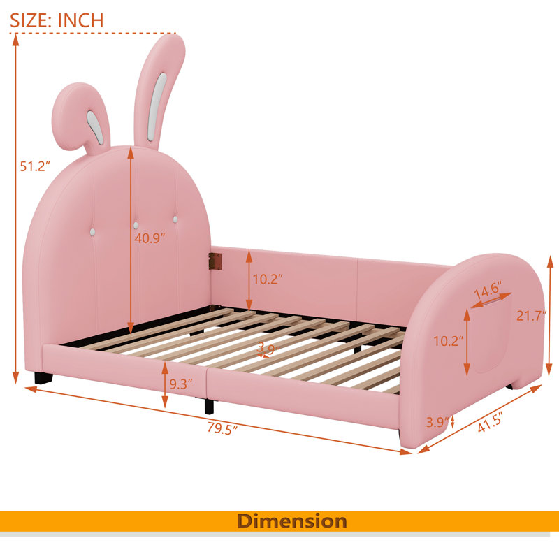 Twin Size Upholstered Rabbit-Shape Princess Bed, Pink