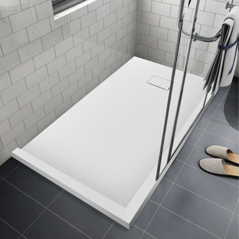 Transolid Trimslate 63-in x 36-in Tub Replacement Shower Base with Adjustable Double Threshold and End Drain, White