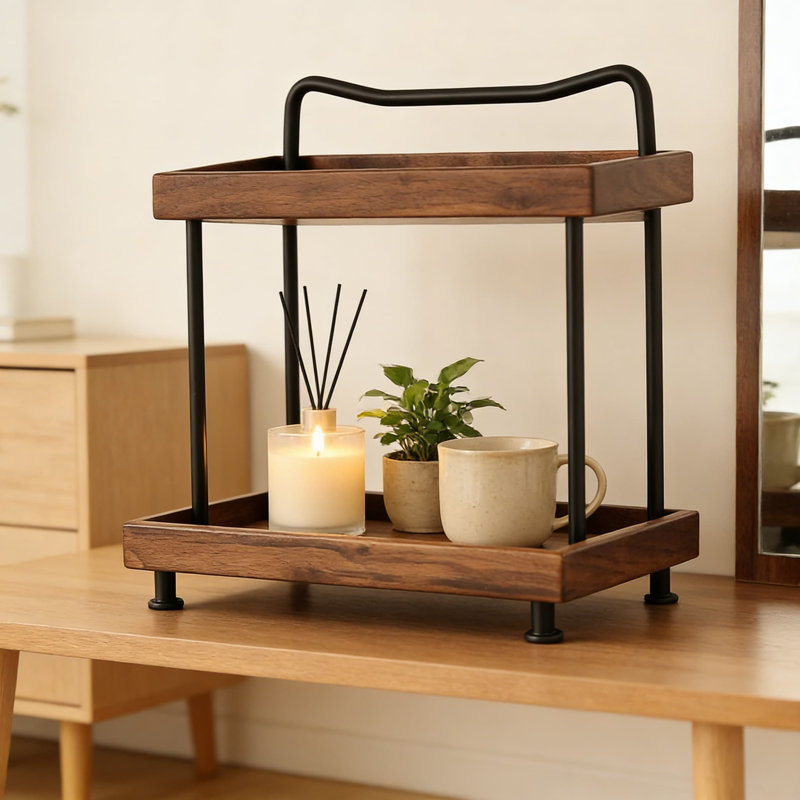 Organisateur de comptoir de salle de bain à 2 niveaux, tablette de rangement de comptoir en bois pour la présentation des cosmétiques de maquillage, support de rangement compact pour meuble-lavabo et cuisine