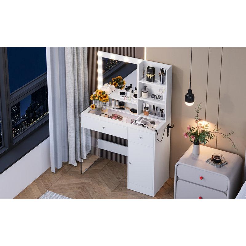 Bureau de meuble-lavabo avec 12 ampoules, 3 modes, surface en verre, armoire, tiroirs, rangement, blanc, plateau à maquillage, charge, stable et