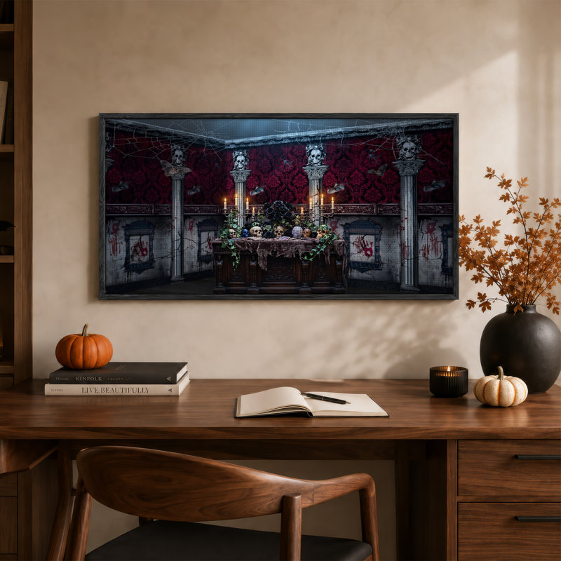 Art gothique sur toile, autel gothique avec crâne d'autel et damas rouge, 46“W x 24”H