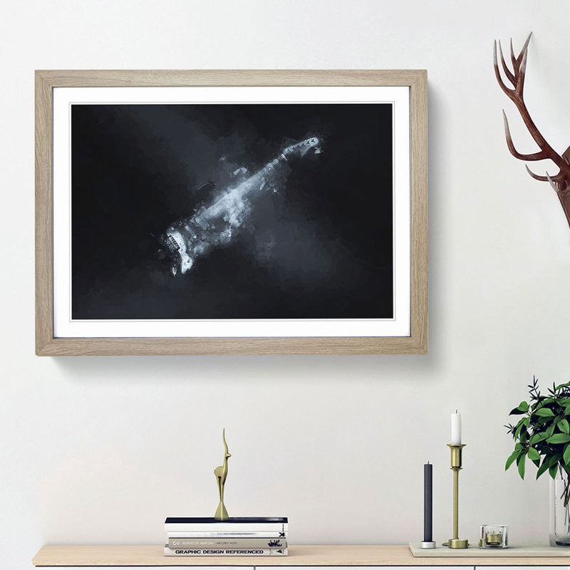 Smokey Electric Guitar in Abstract - Picture Frame Painting Print, 62cm H x 87cm W x 2cm D, Oak Framed