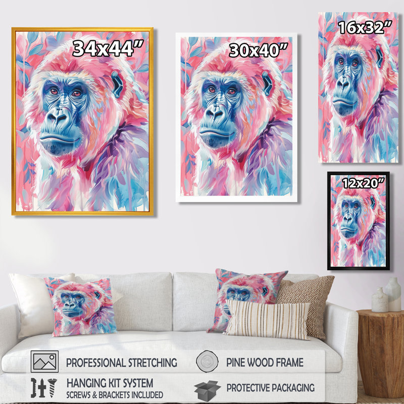 Rose et bleu, gorille, fleurs II - décoration murale d'art Gorillawall, Toile tendue, H 30 po x l 40 po