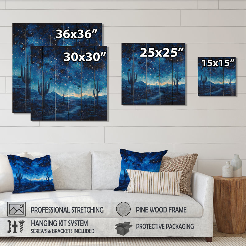 Cactus sous le désert, étoiles bleues I - Décoration murale en bois de cactus floral - sur bois de pin naturel