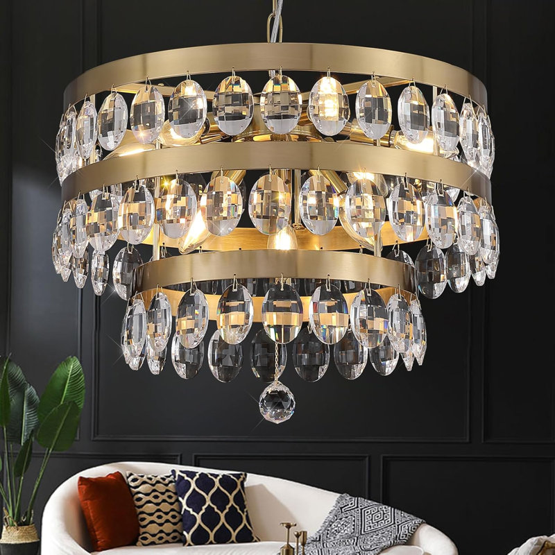 Lustre moderne en cristal doré avec design goutte d'eau à 3 niveaux, plafonnier encastré à intensité variable pour salle à manger, salon, chambre à coucher et entrée
