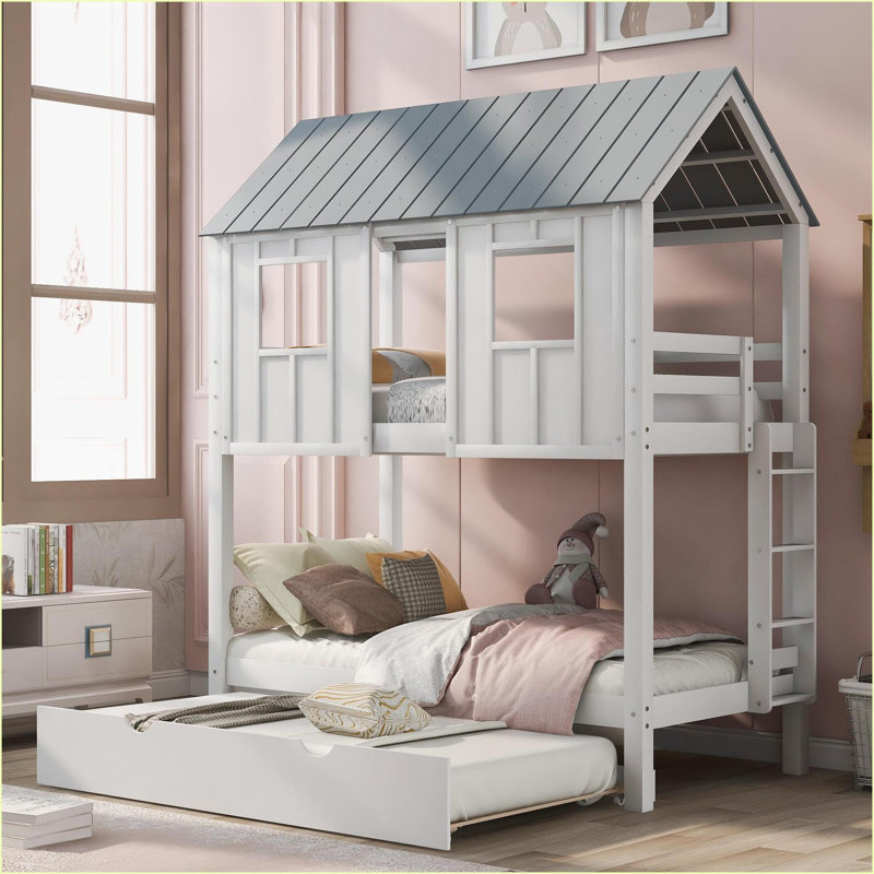 Lit simple superposé en bois de pin avec fenêtres de toit gigogne blanc gris