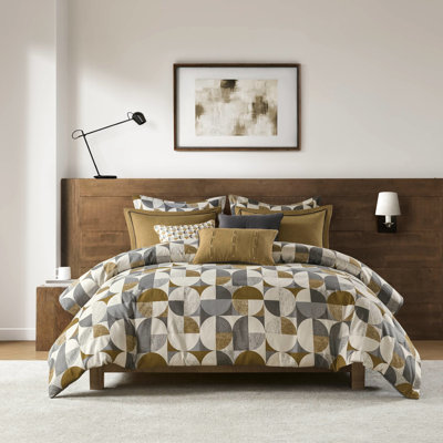 8 Pcs Queen Gold Comforter With Mid - Century Elegant Design, Geometric Pattern, Velvet Decor Pillows And All Season Comfort Removable Cover