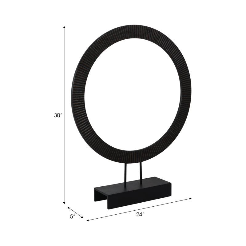 Modern Mango Wood and Iron Ring Sculpture on Rectangular Base Decorative Accent with Grooved Texture for Contemporary Display in Casual or Minimalist Settings, Sleek Freestanding Art Object