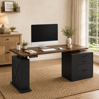 Farmhouse 75.5'' L-Shaped Standing Desk with 3 Drawers,  Standing Computer Desks With Power Outlets For Home Office