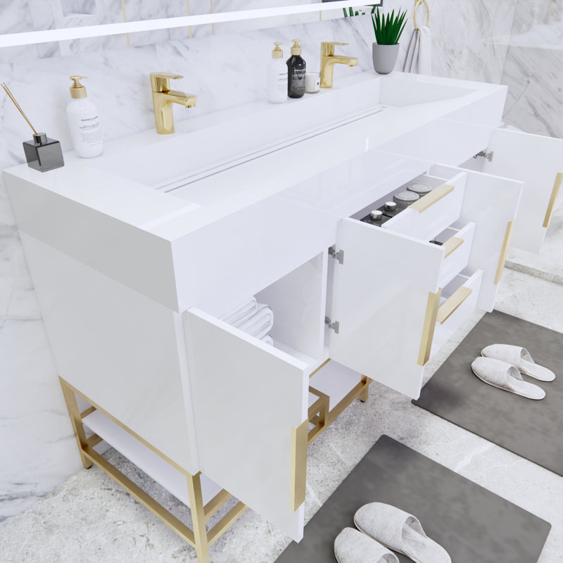 Glasgow 59'' Double Bathroom Vanity with Acrylic Top, High Gloss White