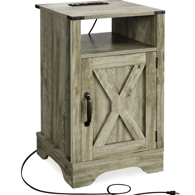 Table d'appoint avec prises électriques - gris foncé. Fabrication rustique. Vaste espace de rangement et de charge pour station de chevet grise. Espace en bois. Pour plus de sécurité