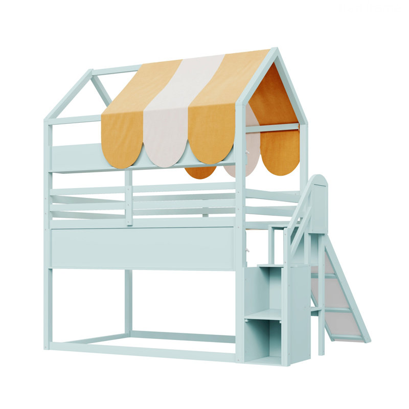 Structure de lit de chambre à coucher, lit maison avec baldaquin, glissoire, bibliothèque intégrée, Vert clair