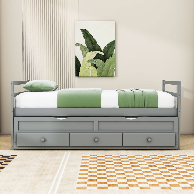 Twin Wooden Platform Bed with Trundle and 3 Drawers, Gray