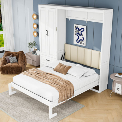 Grand lit escamotable 2 tiroirs avec garde-robe de rangement, tête de lit tapissier, armoire pliante peu encombrante et tablettes suspendues pour chambres d'amis et bureaux à domicile
