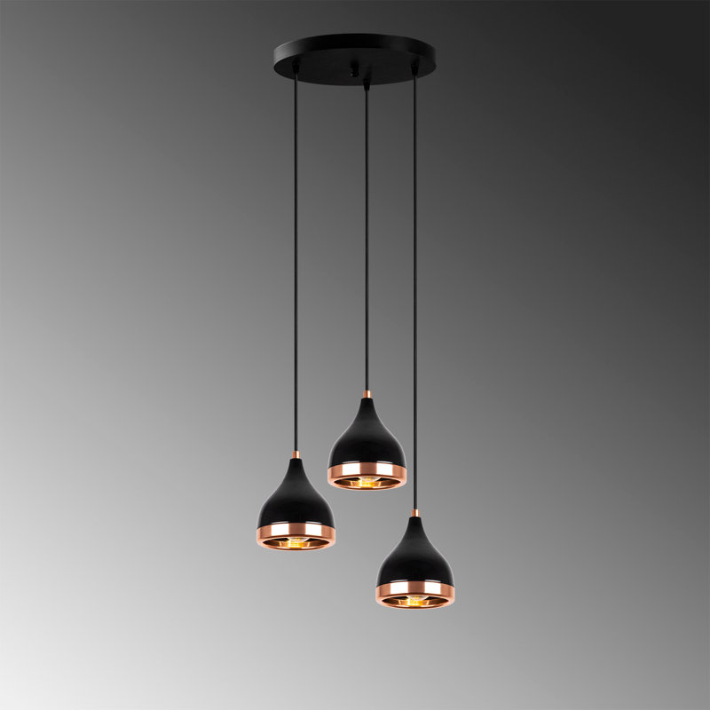 Lustre réglable moderne, finition noire et cuivre, 15,0 po de diamètre x 12,2 à 43,7 po de hauteur | Corps en métal, 3 x douilles E27 (40 W maximum) | Parfait pour les décorations glamour et scandinaves, solution d'éclairage élégante