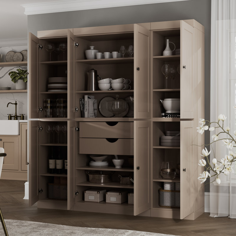 Garde-manger 100% en bois massif 65 po avec portes Shaker, 2 tiroirs et tablettes réglables, Beige