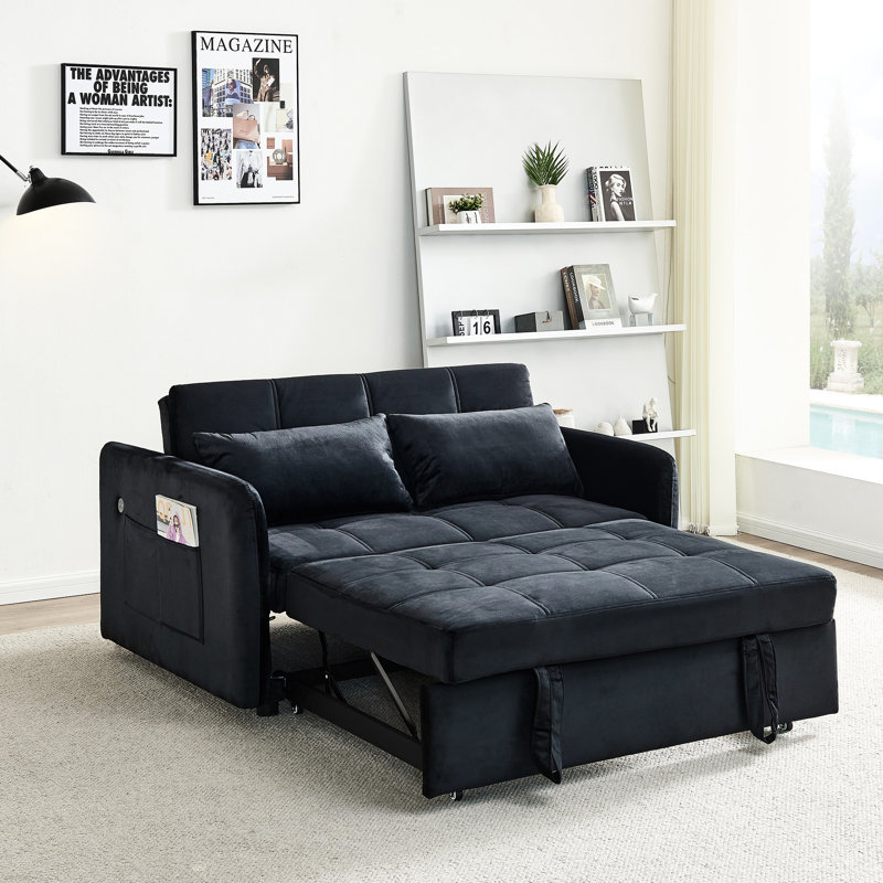 Lit escamotable de 55,5 po en velours noir, avec un espace de vie spacieux Lit en velours, position de sommeil confortable