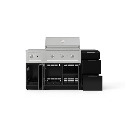 Ensemble d'armoires d'extérieur gris ardoise en aluminium 6 pièces avec 3 tiroirs, armoire de barbecue, barbecue au propane liquide 33 po, brûleur latéral et plateau noir Dekton 16 po