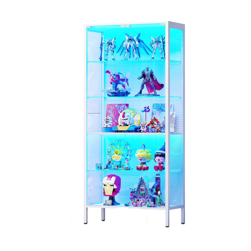 5-Layer Glass Display Cabinet with 3 LED Lights, White