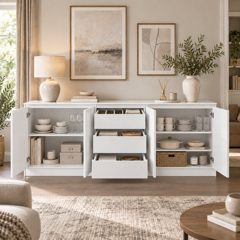 200cm White High Gloss Sideboard with 4 Doors & 3 Drawers - Handleless Wide Storage Cabinet