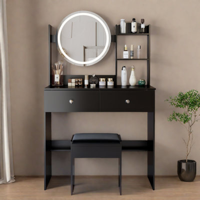 Round LED Mirror Vanity Table + Soft Cushion Stool Set, Large Mirror