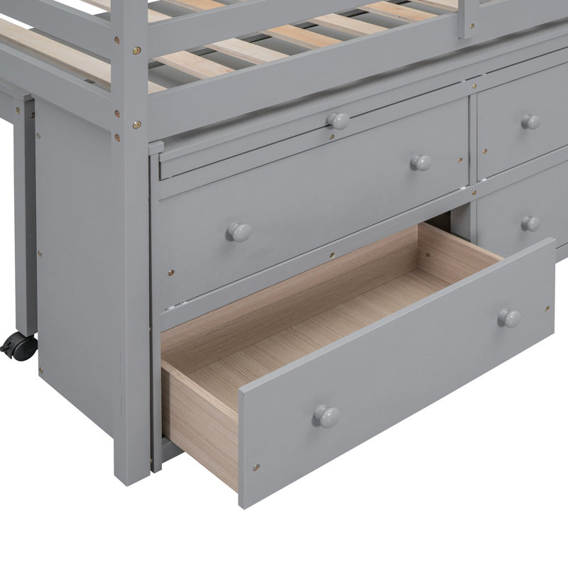 Lit mezzanine simple avec bureau et tiroirs, finition grise, fabriqué en bois de pin massif pour plus de stabilité, Gris