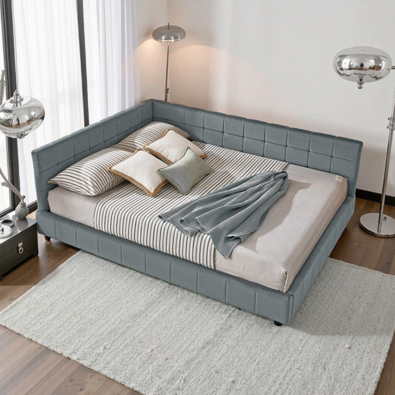 Grand canapé-lit en velours capitonné style Mid-Century avec dossier et accoudoirs, sans sommier, chambre ou salon, gris (85,5 po x 64,5 po x 30,5 po)