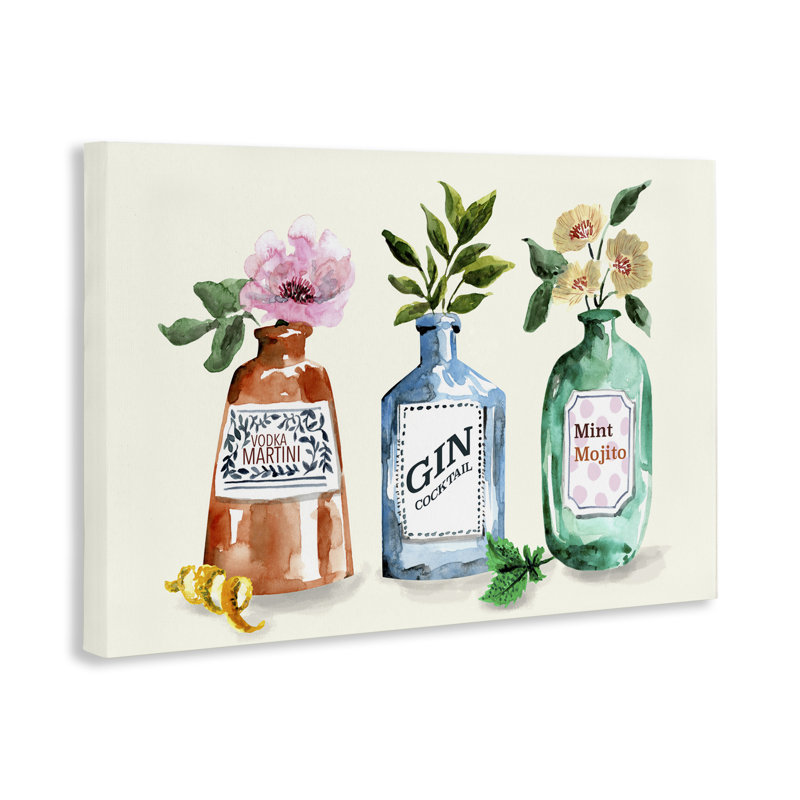  Art floral sur toile avec bouteilles d'alcool florales par Kate Eldridge, H 30 po x l 45 po