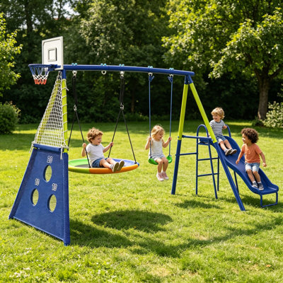 Ensemble de balançoire en métal 5-en-1 pour cour arrière, aire de jeu extérieure pour enfants avec glissade, soucoupe et balançoires à ceinture simple, panier de basketball + but de soccer, cadre en A robuste pour les enfants de 3 à 10 ans