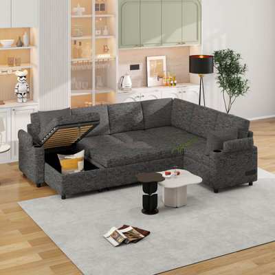 109.9" Sectional Sofa Versatile Convertible Sleeper Sofa Bed U-Shaped Couch With Storage Chaise, Two Cup Holders And Charging Ports