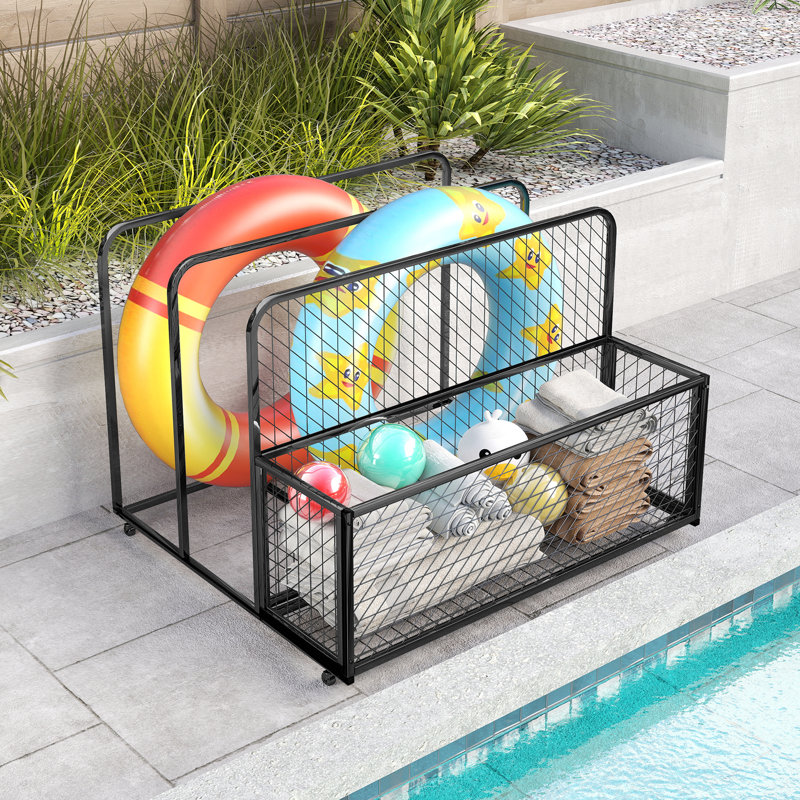 Metal Patio Pool Float Storage Basket, Outdoor Toy Rack And Multi Use Storage Organizer Bin For Floats, With Rolling Wheels