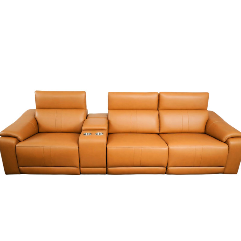 Canapé d'angle modulaire 4 places en cuir brun, confortable, avec 2 porte-gobelets, design moderne pour petits espaces et bureaux variés, fonction relax électrique, cuir respirant, espace de rangement intégré.