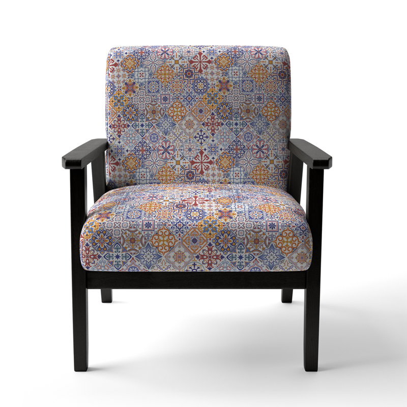 Blue And Gold Ethnic Patchwork - Upholstered Patterned Accent Arm Chair